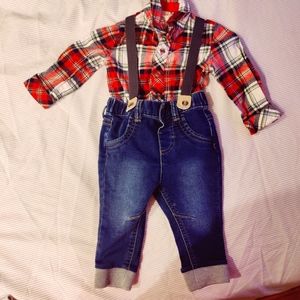 Cat & Jack flannel and jeans with suspenders - 6-9 mos.